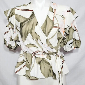 XS X-SMALL Express Ruffled‎ CrossOver Surplice Floral Blouse NWT